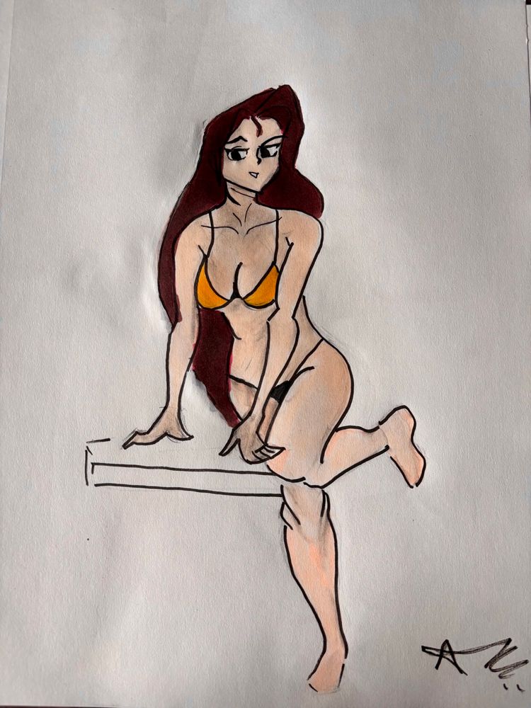 Red-brownish hair girl with in a bikini leaning on a platform. Her bra is gold and her panties are black. She’s looking down at something with a smirk. My signature is in the bottom right hand corner