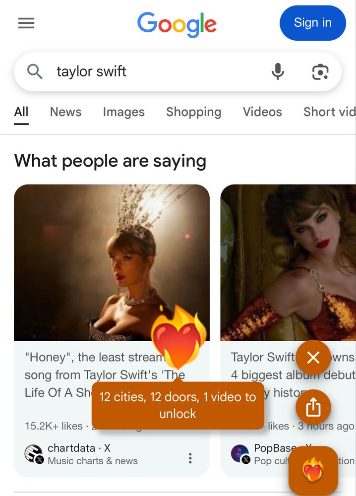 Google search of Taylor swift, flaming heart in corner and orange text box that says 12 cities, 12 doors, 1 video to unlock