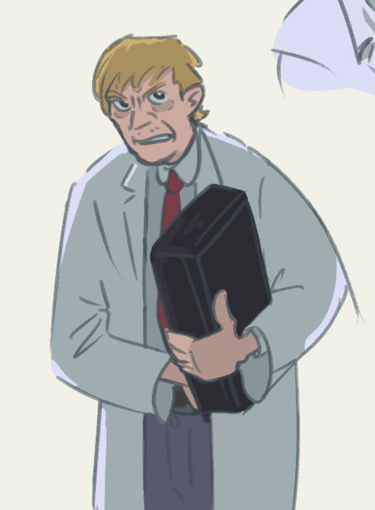 Cartoony drawing of William Birkin pre-g, a little hunched over holding his briefcase and reaching for his gun