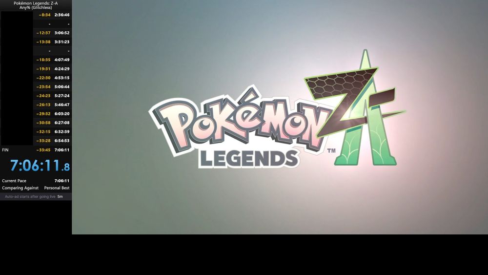 A Pokémon Legends: Z-A any% speedrun completed in 7:06:11