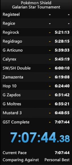 Livesplit image of Pokemon Shield Galarian Star Tournament in 7:07:44