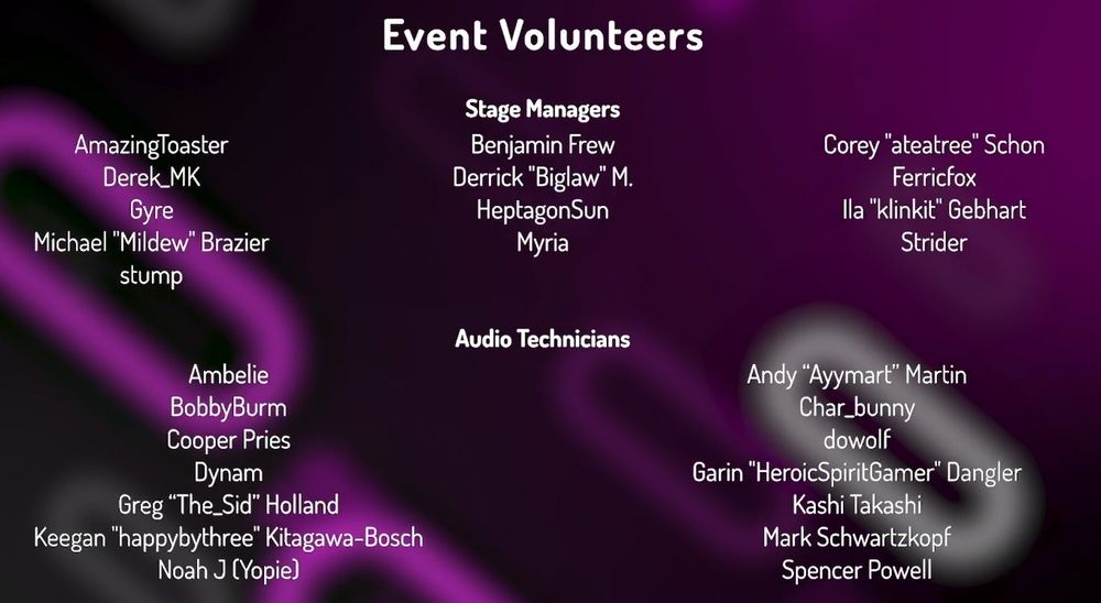 End credits of Awesome Games Done Quick 2025, Dynam volunteering as an audio technician