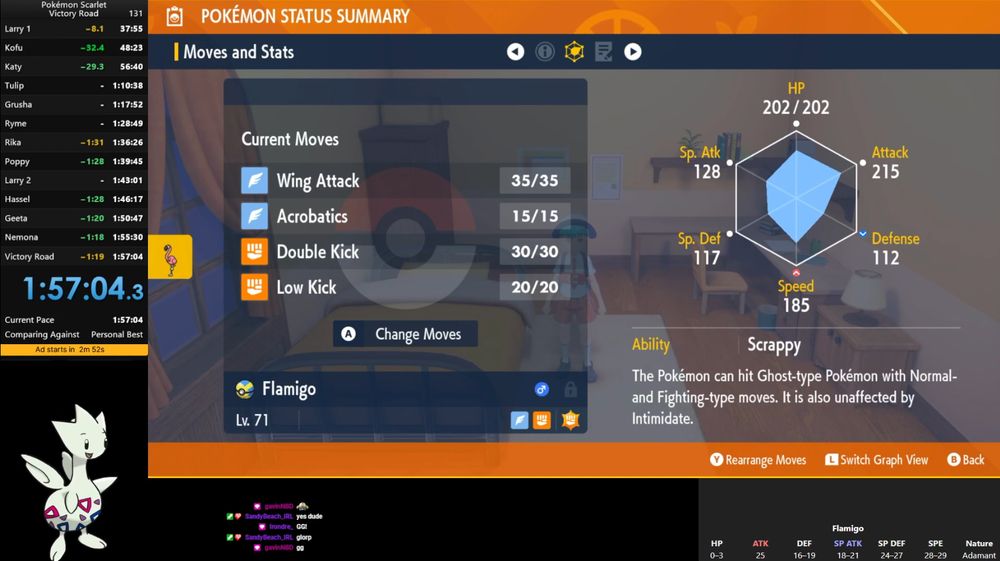 Screenshot of a completed Scarlet/Violet Victory Road speedrun using Flamigo, finished in 1:57:04