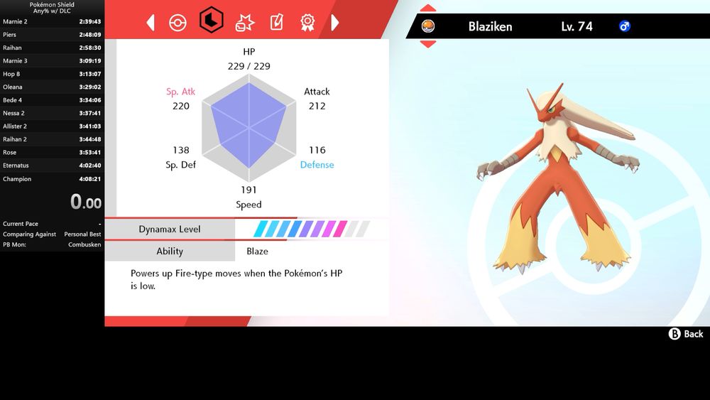 Pokémon Shield Any% with DLC (Blaziken) with a 4:08:21