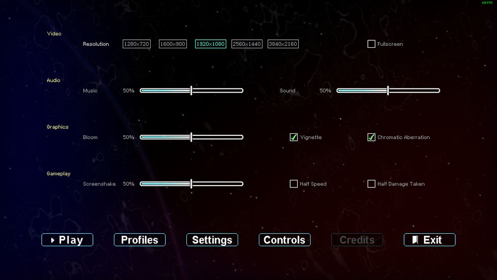 A settings menu for a game. It includes some accessibility options like running the game at half speed, and reducing the damage enemies deal to you by half.