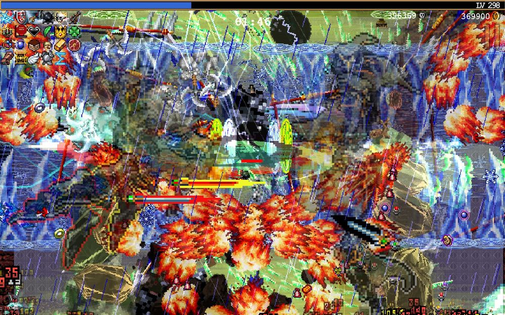 A screenshot from Vampire Survivors. An incomprehensible mess of visual effects.