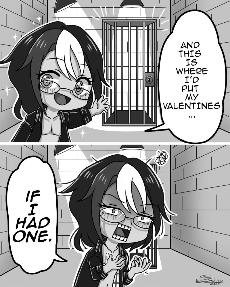 Femboy Dominic Bytes saying: "And this is where I'd put my Valentines...IF I HAD ONE." Art by Chaak-kun, script by Dominic Bytes
