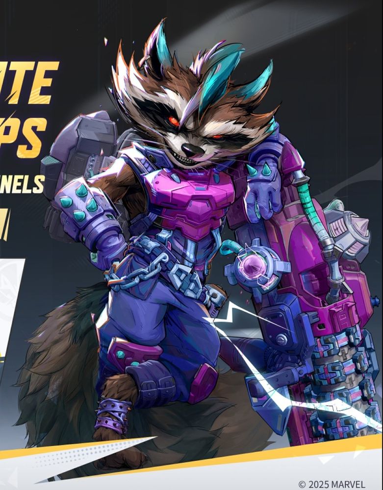 An image showing Rocket Raccoon's newly announced twitch drop skin, with a blue, purple, and neon recoloration