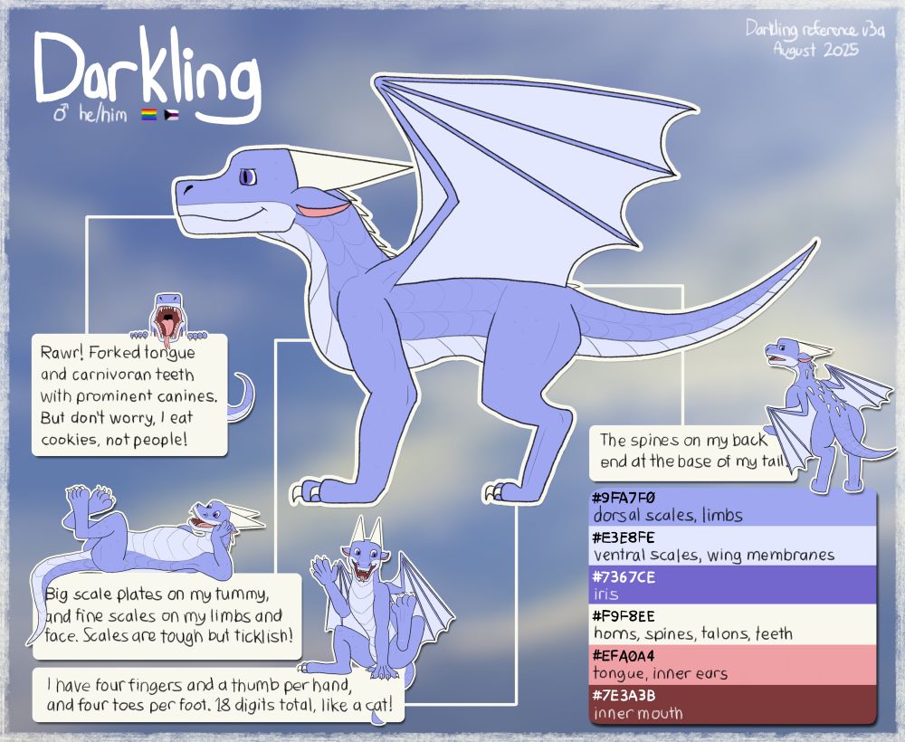Reference sheet of a blueish dragon called Darkling. Multiple tooltips show off particular anatomical details (with mini mes giving demos), and a colour palette is provided with hex codes. 