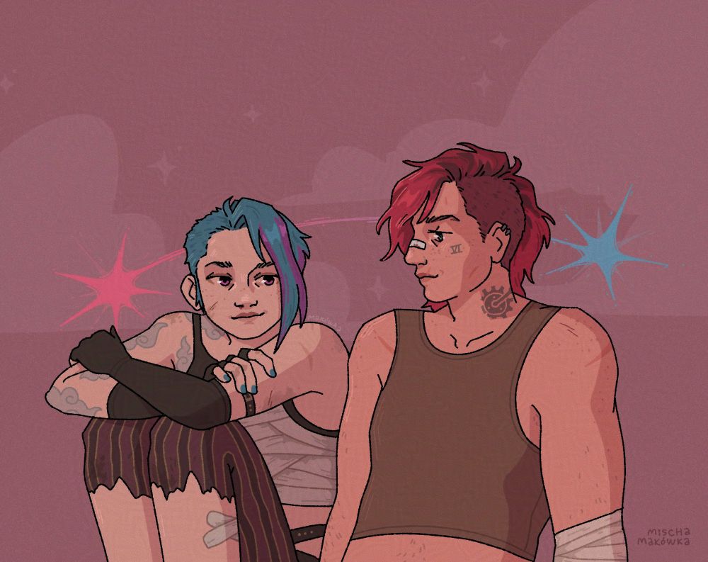 Vi and Jinx (characters from the animated show Arcane) are sitting next to each other. They both look tired, have cuts and bruises but they are smiling and looking at each other. Vi is muscular, she has dark pink hair, shaved on one side. Jinx has light blue hair with some purple streaks.
