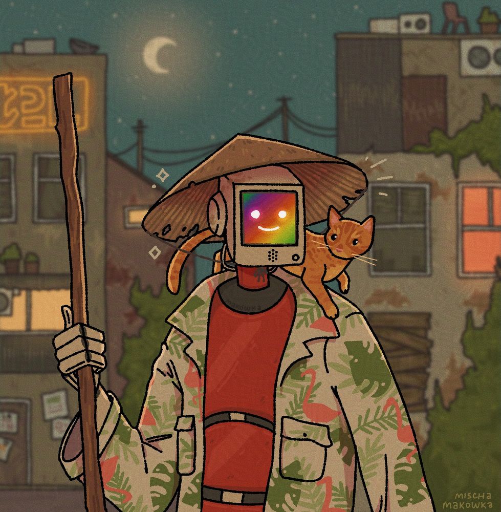 fan art of two characters from the videogame "stray". one of them is a robot, he's smiling and is wearing an Asian conical hat and a coat with a plant pattern. an orange cat is sitting on his shoulder. the background is an overgrown city, it's nighttime.