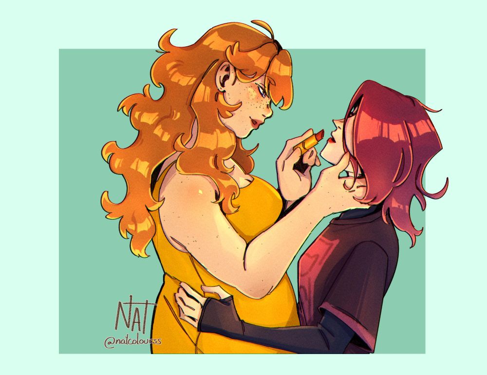 Drawing of my ocs Emma and Aly. Emma is holding Aly's face, applying lipstick to her. Aly is holding Emma too.