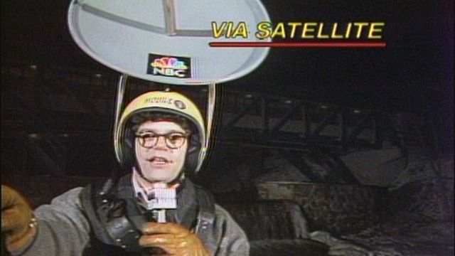 Al Frankin, decades ago, wearing a mobile satellite uplink.