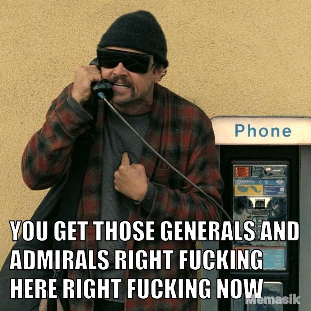 Leonardo Dicaprio on a payphone in the film One Battle After Another. The meme text implies his paranoid character is Pete Hegseth, demanding that generals return to DC.