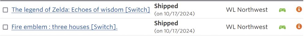 two entries on a digital library reserve list that include the recently released Legend of Zelda: Echoes of Wisdom on Nintendo Switch, as well as Fire Emblem: Three Houses for Nintendo Switch. Both are indicated as having recently Shipped from their original destination to a local library of choice: WL Northwest