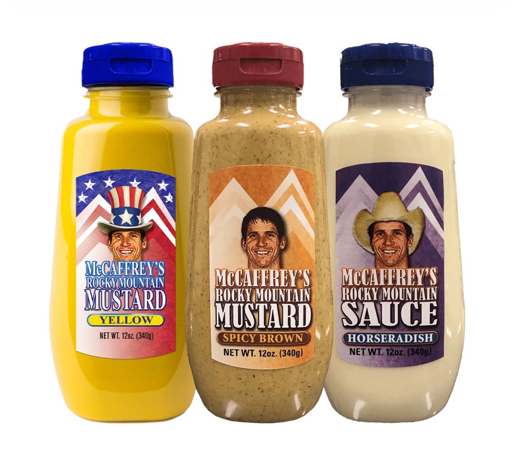 A trio of Ed McCaffrey’s sauces: yellow mustard, spicy brown mustard, and horseradish 