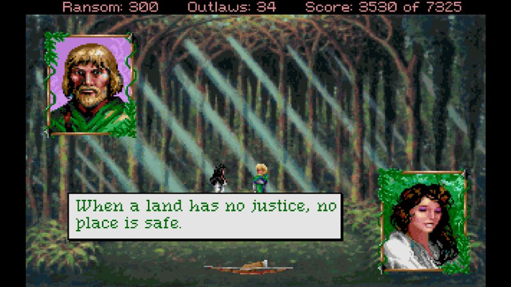 Robin Hood: Conquests of the Longbow screenshot that shows Robin and Maid Marian in the Willow Grove.  Marian says: "When a land has no justice, no place is safe."