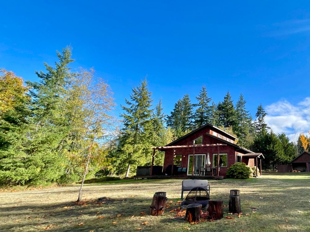 A cabin under blue skies 