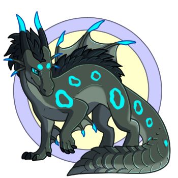 Miasma is stout, greenish-grey dragon. She has a large, heavy crocodile-like tail tipped with thick scales that she uses to propel herself in the water. She has webbed feet but does not possess any gills. Instead of wings, she has a series of webbed spines along her back and forearms. Miasma can move these spines up and down - they normally lay flat and hidden against her skin unless she is threatened or hunting. These spines are barbed and can inject a powerful venom that paralyzes enemies or prey. She has a thick, dark blue mane that extends from her poll to the base of her tail. Bright cyan markings line her horns and spines, in addition to rings cascading down the sides of her body. She has two barb-less spines extending where her ears would be. Her body is covered in smooth, fish-like scales.

Miasma is a Water dragon affiliated with the Poison aspect. In addition to her barbed spines, she also has venomous saliva. She is immune to her own venom, and her magic provides her protection from the venom and toxins produced by other creatures.

On Neopets she is represented as a Maraquan Krawk named Miasmax! (which is apparently the French name for the Pokemon Garbador)