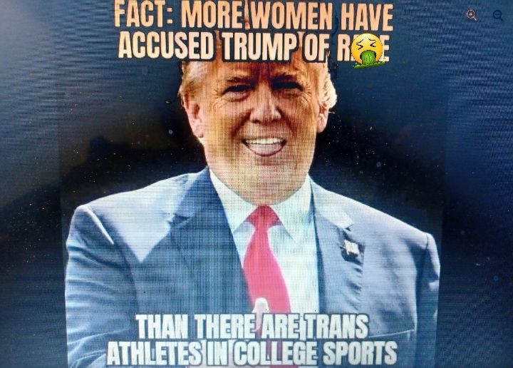 A picture of a poorly aged Oompa Loompa wearing a clearance rack suit from H&M. The caption reads: Fact: More women have accused Tr*mp of r*pe than there are trans athletes in college sports. 