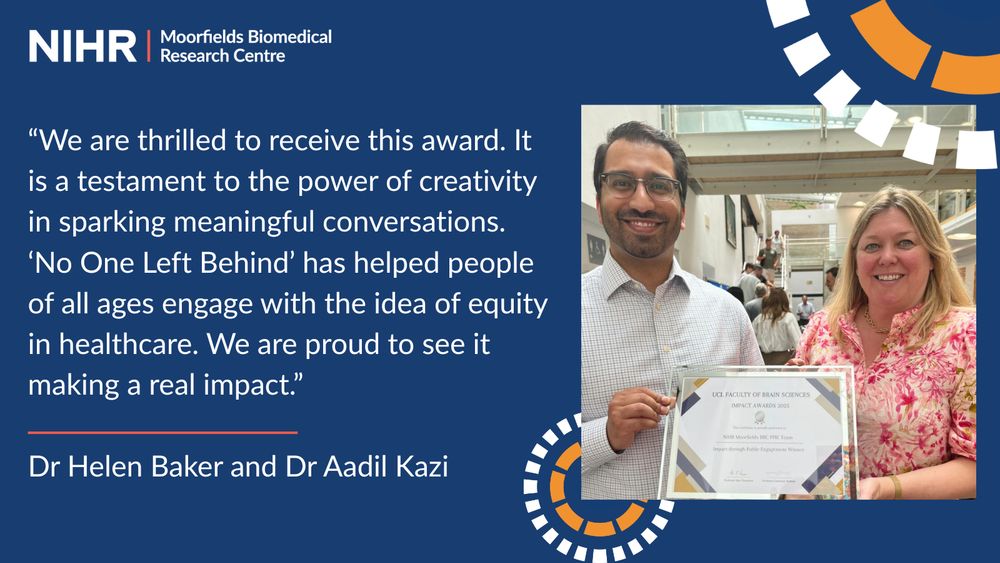 Helen Baker and Aadil Khazi hold an award certificate. Behind them is a quote from Dr. Helen Baker and Dr. Aadil Kazi: 'We are thrilled to receive this award. It is a testament to the power of creativity in sparking meaningful conversations. 'No One Left Behind' has helped people of all ages engage with the idea of equity in healthcare. We are proud to see it making a real impact.