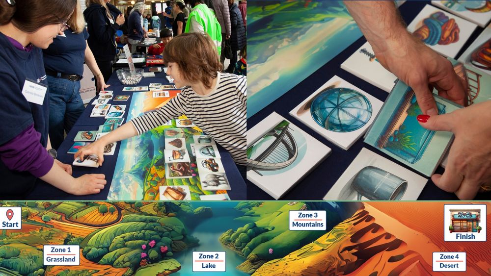 A group of people gathered around a tabletop game or educational activity featuring illustrated cards and zones labeled Grassland, Lake, Mountains, and Desert. The table includes a marked start point on the left and a finish point on the right.