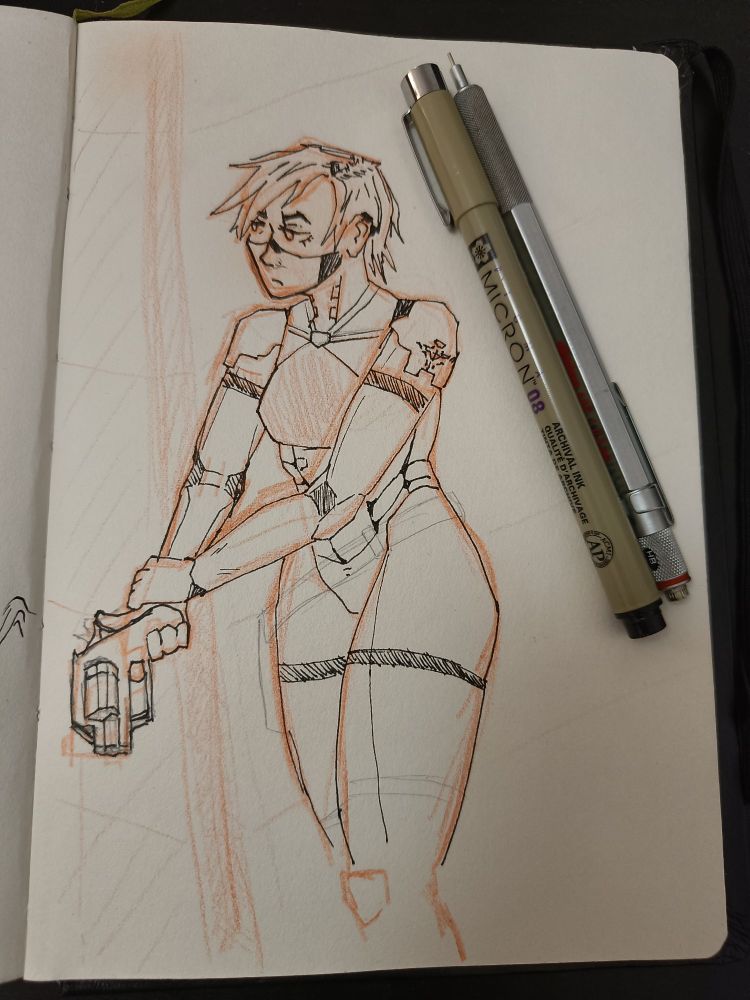 a lined sketch in my sketchbook of elster from signalis checking a corner holding a revolver, next to a micron lining pen and mechanical pencil 