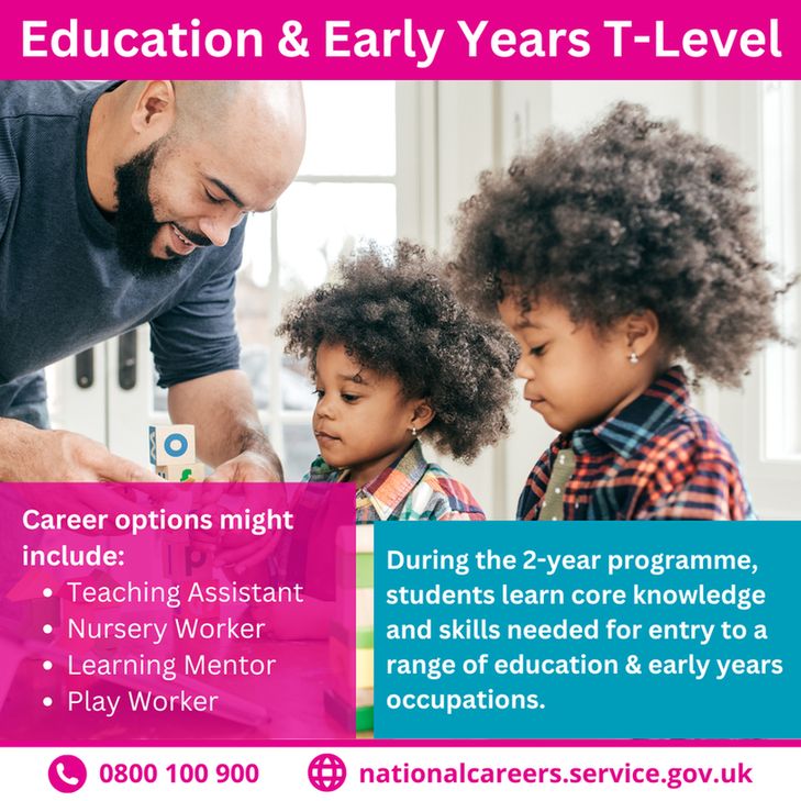 A National Careers Service post promoting the Education & Early Years T-Level. The image shows a smiling man engaging two young children in an activity. Text explains that during the 2-year programme, students gain core knowledge and skills to prepare for careers in education and early years. Career options include teaching assistant, nursery worker, learning mentor, and play worker. Contact details: 0800 100 900, nationalcareers.service.gov.uk.