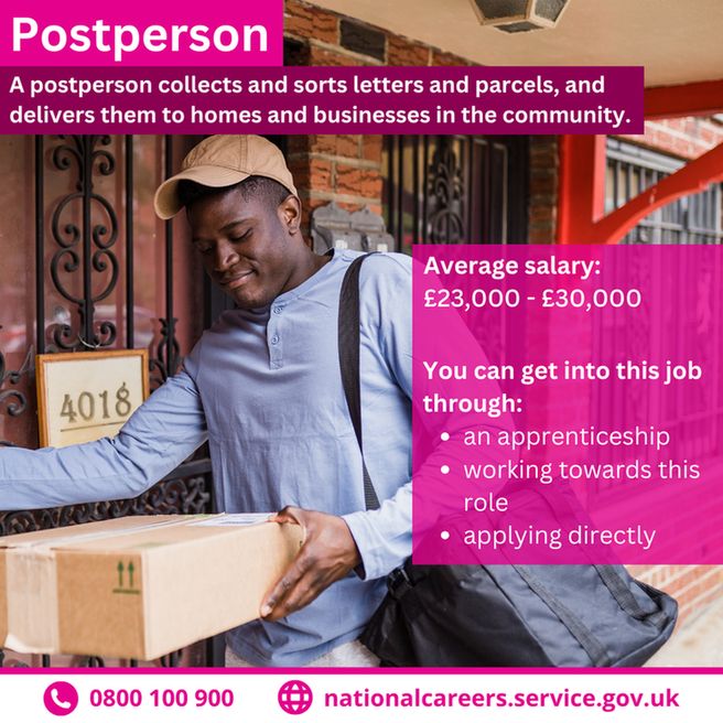 A National Careers Service post promoting the role of a Postperson. The image shows a postal worker wearing a cap and uniform delivering a parcel to a home. Text explains that postpersons collect and sort letters and parcels, delivering them to homes and businesses in the community. Details shown include an average salary of £23,000–£30,000, with entry routes through an apprenticeship, working towards the role, or applying directly. Contact: 0800 100 900, nationalcareers.service.gov.uk.