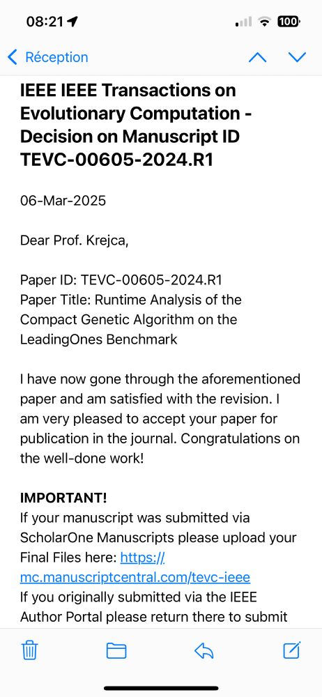 Acceptance notification for the paper "Runtime Analysis of the Compact Genetic Algorithm on the LeadingOnes Benchmark" by Marcel Chwiałkowski, Benjamin Doerr, Martin S. Krejca.