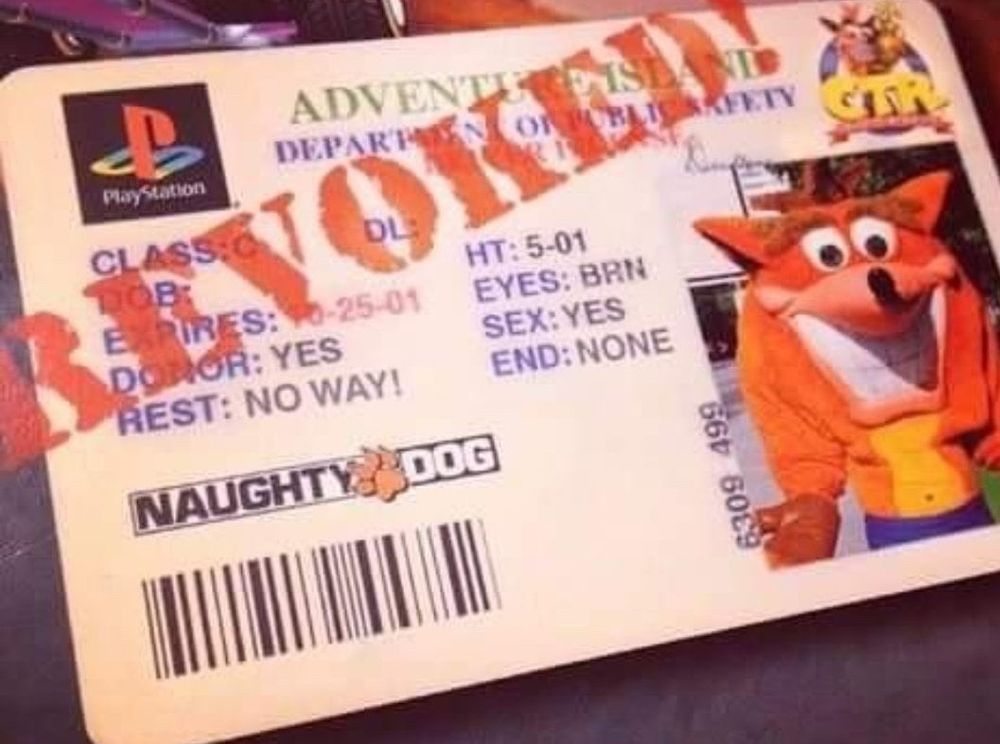 A photo of the advertisement for the game Crash Team Racing, that depicts series protagonist, Crash Bandicoot’s license which depicts his sex as Yes, and his End as none.