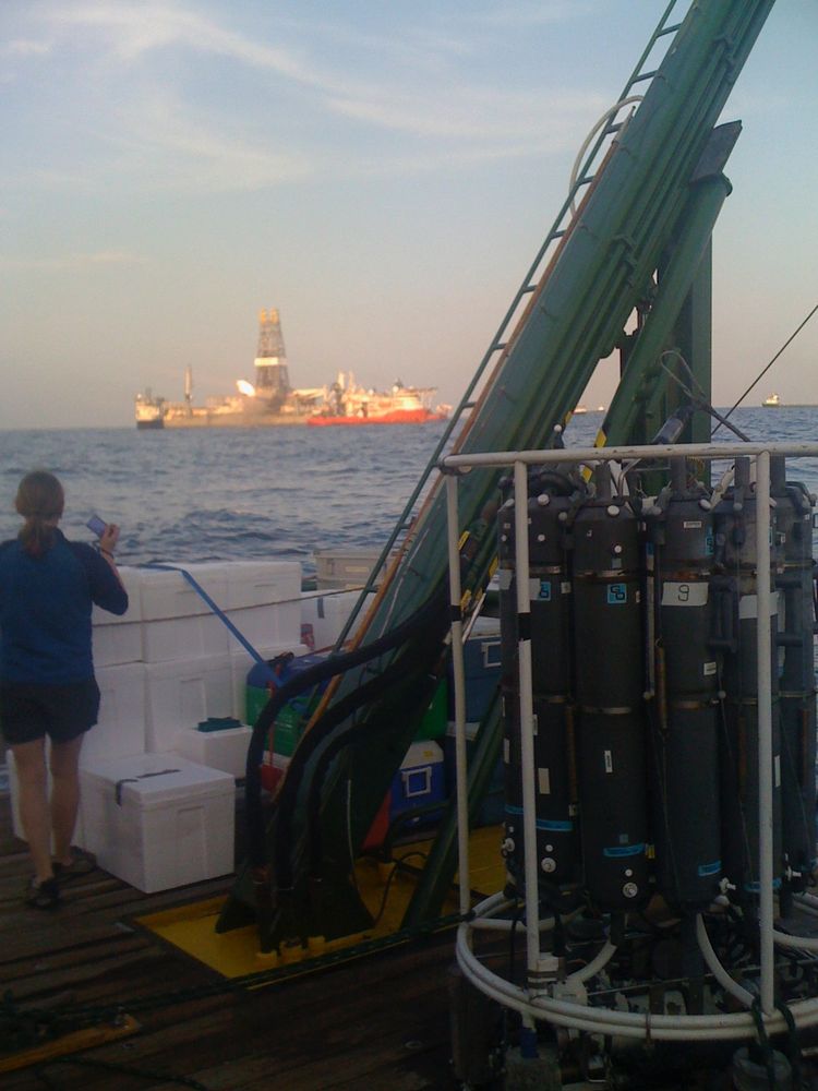 CTD aboard the F.G. Walton Smith during the Deepwater Horizon response with flaring from one of the drill ships in the background