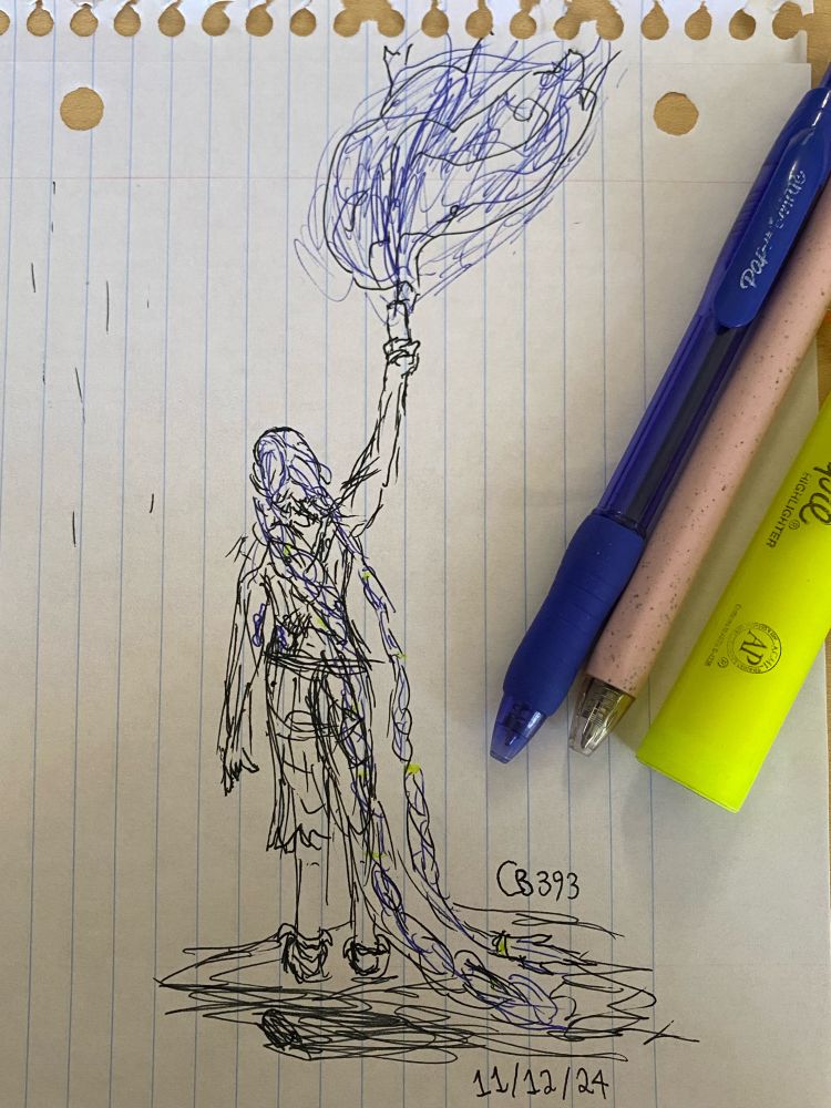 Sketch of Jinx from the Netflix series Arcane, drawn in pen. Her hair is colored with a blue pen and her hair jewelry is colored with a yellow highlighter. Sketch depicts Jinx with her back towards the viewer, holding up a flare above her head with her right hand. The flare is emitting blue smoke, also colored with a blue pen. Sketch is signed with the date it was drawn, November 12th 2024, as well as the artist’s signature, CB393