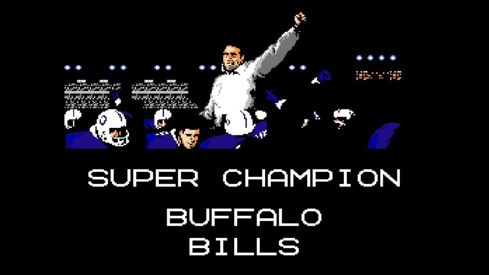 Tecmo Super Bowl NES champion screen showing the Buffalo Bills victorious.