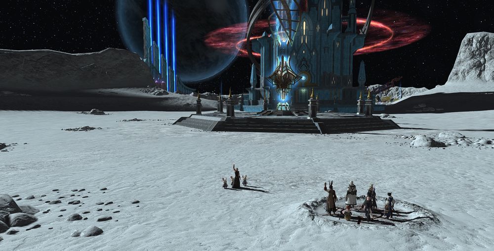 Everyone piles onto the teleport back to Garlemald, Urianger waving goodbye. 
