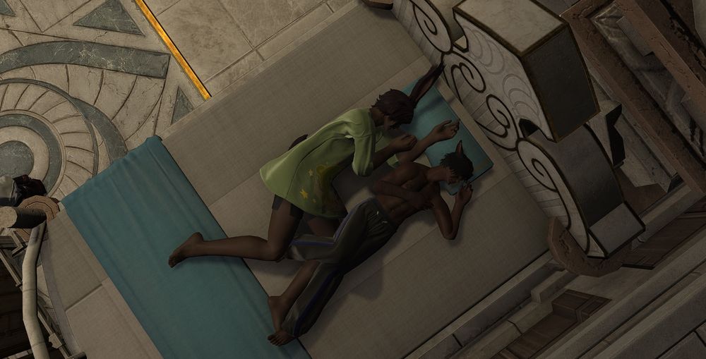 Roone and Konh’a asleep in the same bed. 