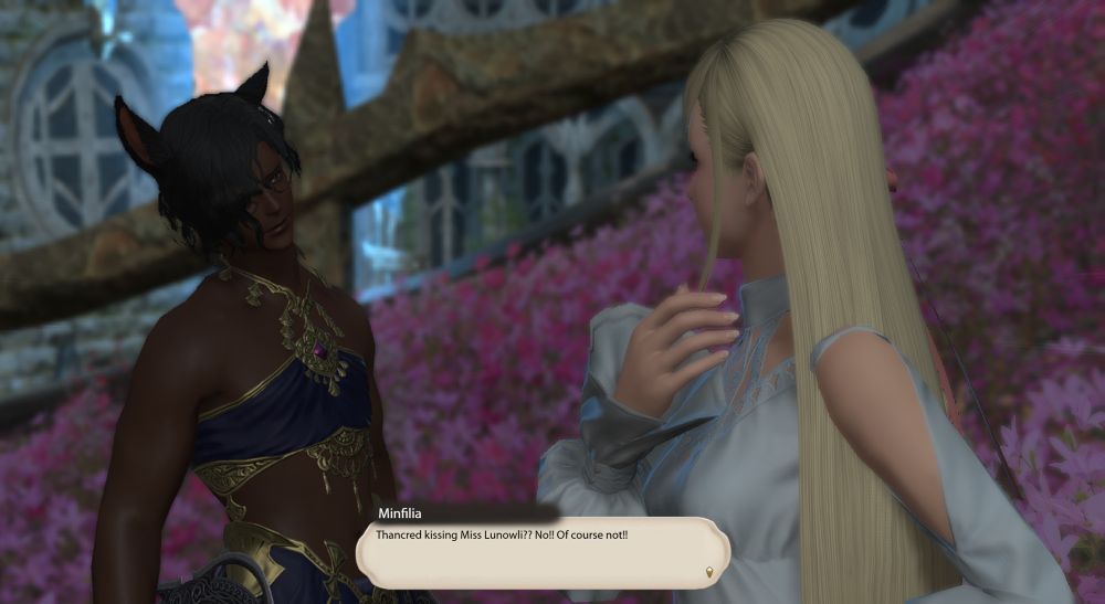 Konh’a tilting his head and ears at Minfilia’s innocent outburst  