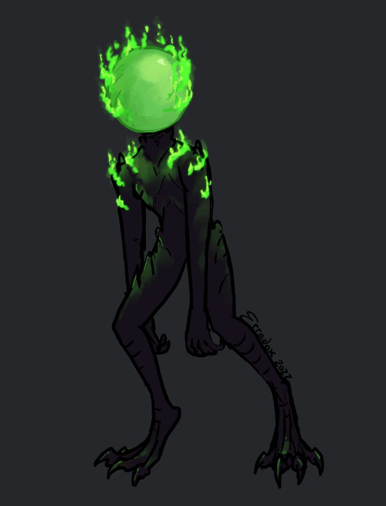 Digital drawing of Miyanscinma in a humanoid alien form. The body is black and draconic, and her head is a green orb. There are green flames on her shoulders and the orb. 