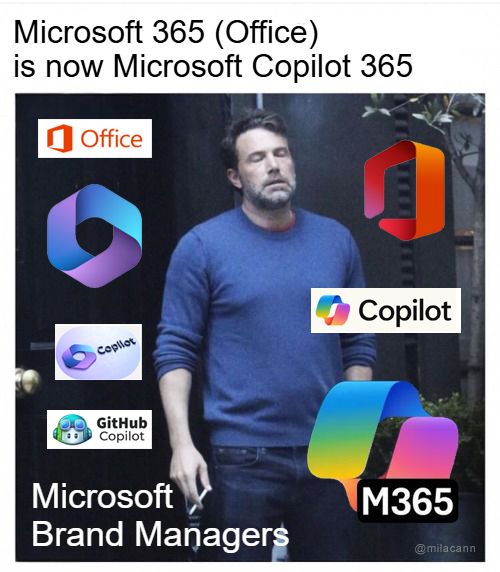 Ben Affleck smoking meme, caption reads: Microsoft 365 (Office) is now Microsoft Copilot 365. He is surrounded by 10 years' worth of logo rebrands.