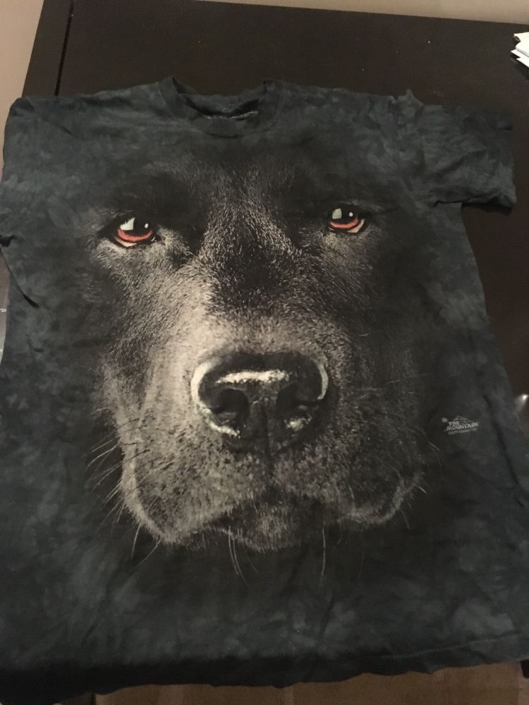 A T-shirt with a VERY zoomed in photo realistic style black labrador head on the front. We had a black labrador when i was growing up