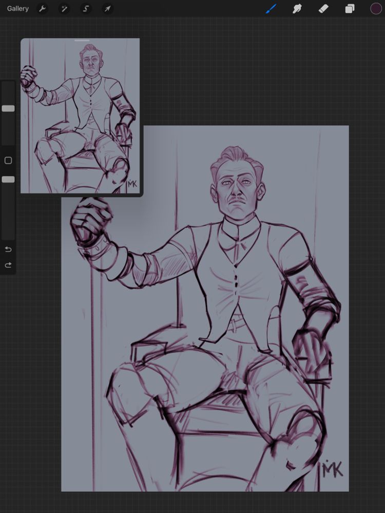 Procreate screenshot showing a progress picture of Emmrich sitting in a high chair