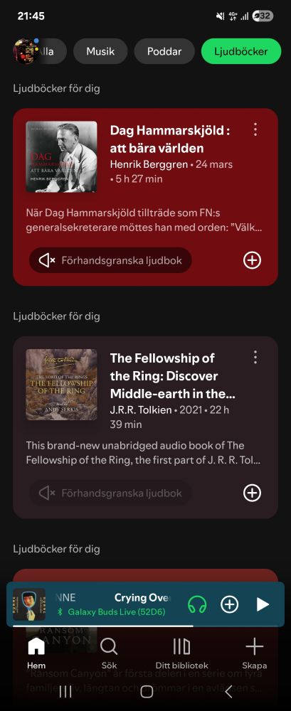 Skärmdump på Spotify och den nya fliken för Ljudböcker. Bland rekommenderade böcker finns dels Dag Hammarskjöld: att bära världen av Henrik Berggren och The Fellowship of the Ring av Tolkien.
