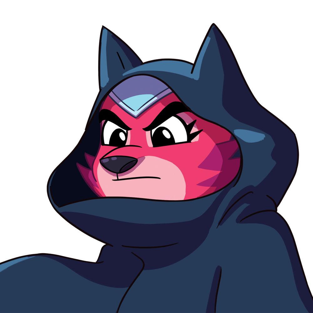 A cartoon illustration of a pink, wolf like 2d character named Winter with a determined expression, wearing a dark blue hooded cloak.