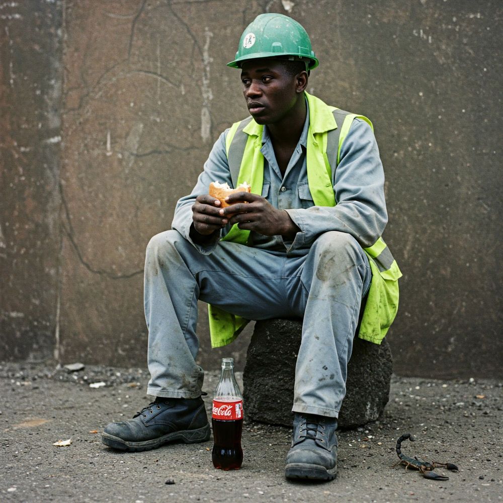 A closed medium view photograph depics a young black worker having lunch during his work shift.
Synthetic Photojournalism 
Synthetic Documentary 