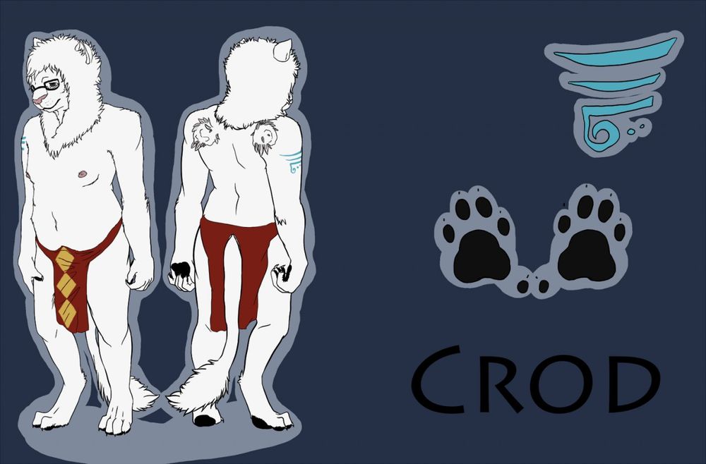A reference sheet of a white lion named Crod; he's naked save for a red loincloth with three gold diamonds going down the front and glasses on his face. Front and back images are provided and on the back - there is evidence that the lion had wings once, now removed. 