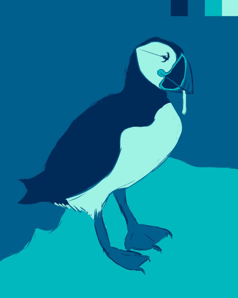 A sketch of an atlantic puffin on a rock formation with a cigarette in its beak.  The piece is done in various shades of blue.