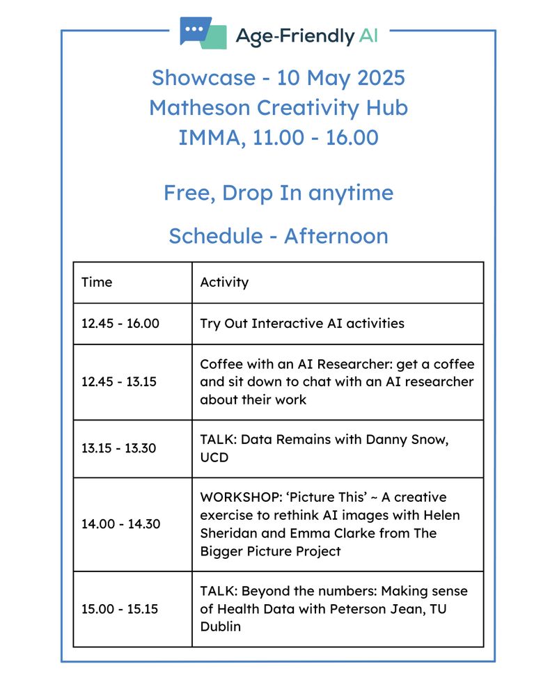 A flyer details the afternoon schedule for an "Age-Friendly AI Showcase" on May 10, 2025, held at the Matheson Creativity Hub within IMMA from 11:00 AM to 4:00 PM, emphasizing that it's "Free" and allows for "Drop In anytime." The afternoon schedule is presented in a table format with "Time" and "Activity" columns, listing the following events:

    12.45 - 16.00: "Try Out Interactive AI activities"
    12.45 - 13.15: "Coffee with an AI Researcher: get a coffee and sit down to chat with an AI researcher about their work"
    13.15 - 13.30: "TALK: Data Remains with Danny Snow, UCD"
    14.00 - 14.30: "WORKSHOP: 'Picture This' ~ A creative exercise to rethink AI images with Helen Sheridan and Emma Clarke from The Bigger Picture Project"
    15.00 - 15.15: "TALK: Beyond the numbers: Making sense of Health Data with Peterson Jean, TU Dublin"