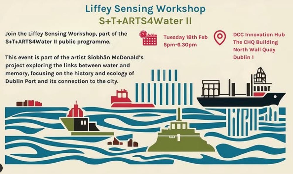 Promotional poster for the Liffey Sensing Workshop, a public program within S+T+ARTS4Water II, featuring a stylized illustration of Dublin Port with ships and the River Liffey, along with event details like date, time, location (18 February, 5pm - 6.30pm, DCC Innovation Hub), and a description of artist Siobhán McDonald's project exploring water, memory, and the port's history and ecology.