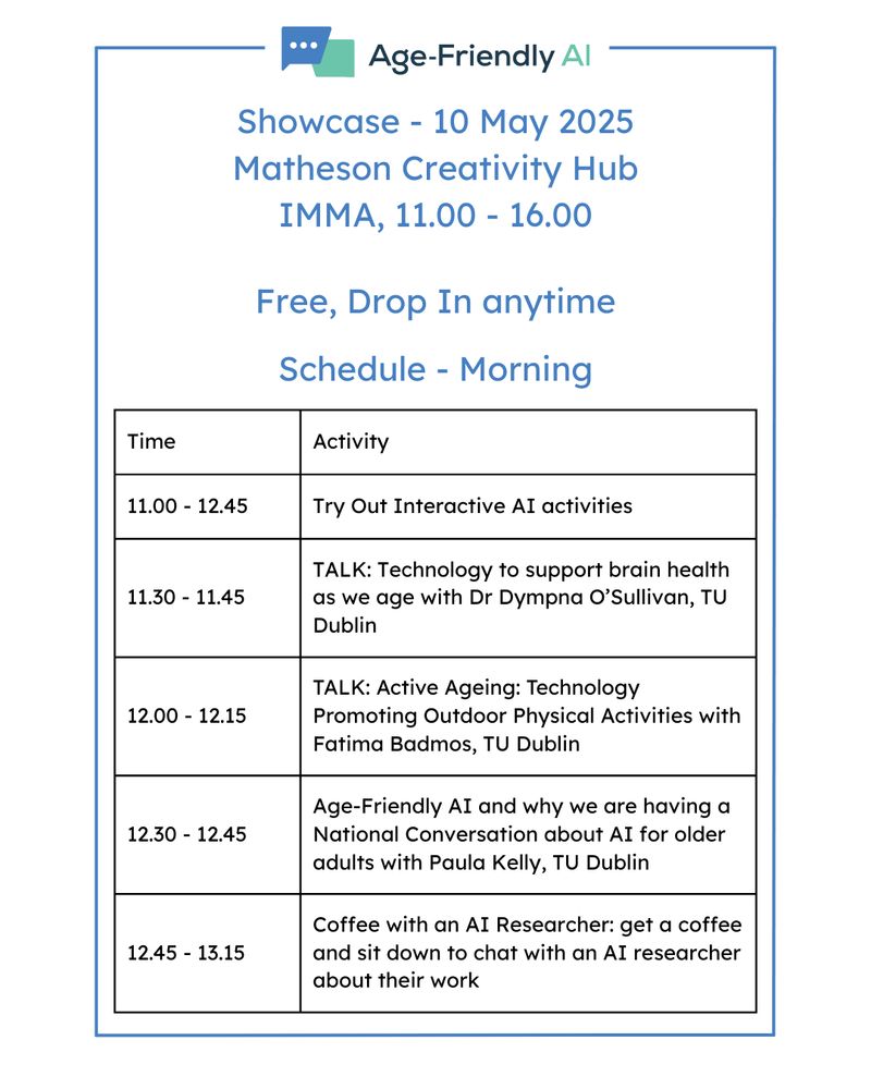 A flyer announces an "Age-Friendly AI Showcase" on May 10, 2025, at the Matheson Creativity Hub within IMMA, running from 11:00 AM to 4:00 PM. The text "Free, Drop In anytime" encourages spontaneous attendance. The flyer then presents a schedule for the morning, laid out in a table with two columns labeled "Time" and "Activity."

The morning schedule includes the following:

    11.00 - 12.45: "Try Out Interactive AI activities"
    11.30 - 11.45: "TALK: Technology to support brain health as we age with Dr Dympna O'Sullivan, TU Dublin"
    12.00 - 12.15: "TALK: Active Ageing: Technology Promoting Outdoor Physical Activities with Fatima Badmos, TU Dublin"
    12.30 - 12.45: "Age-Friendly AI and why we are having a National Conversation about AI for older adults with Paula Kelly, TU Dublin"
    12.45 - 13.15: "Coffee with an AI Researcher: get a coffee and sit down to chat with an AI researcher about their work"