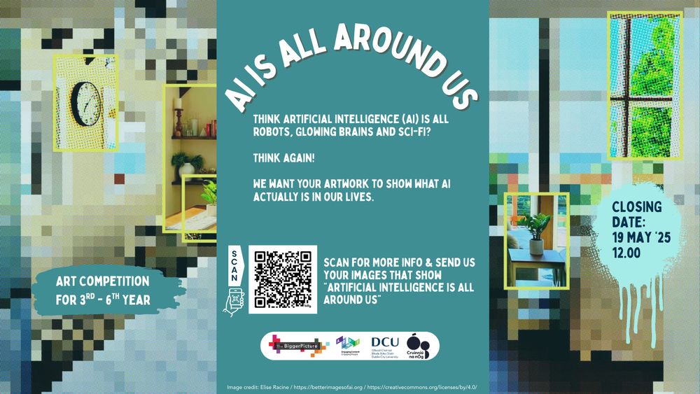 A poster with the large text "AI IS ALL AROUND US" in a curved arc at the top, set against a pixelated background showing hints of interior scenes, announcing an art competition for students to depict AI in their lives, with a May 19th, 2025 closing date and a QR code.